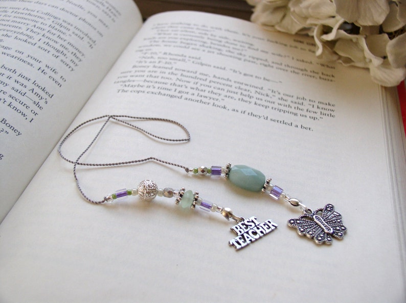 Favorite Teacher Butterfly Bookmark Beaded Book Thong Ice Blue, Purple, and Pale Green Glass with Butterfly and BEST TEACHER silver charms image 3