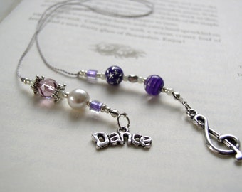 Dance Lover's Jeweled Bookmark - Beaded Book Thong in Rich Purple, Silver, and Pearl with Silver Music Clef and Dance Charms