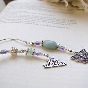 Favorite Teacher Butterfly Bookmark Beaded Book Thong Ice Blue, Purple, and Pale Green Glass with Butterfly and BEST TEACHER silver charms image 4