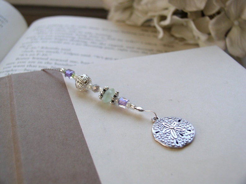 Summer Beach Reading Bookmark Girl Gift for Friends and Book Club Sand Dollar Seahorse Book Thong Beaded Bookmark wth Silver Charms image 2