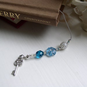 TEACHER GIFT Bookmark Jeweled Beaded Book Thong in Blue Topaz Aquamarine Beads and Skeleton Key and Best Teacher Appreciation Charms image 3