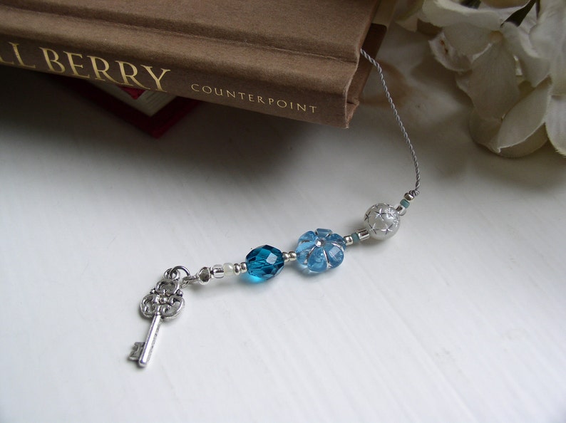 TEACHER GIFT Bookmark Jeweled Beaded Book Thong in Blue Topaz Aquamarine Beads and Skeleton Key and Best Teacher Appreciation Charms image 3