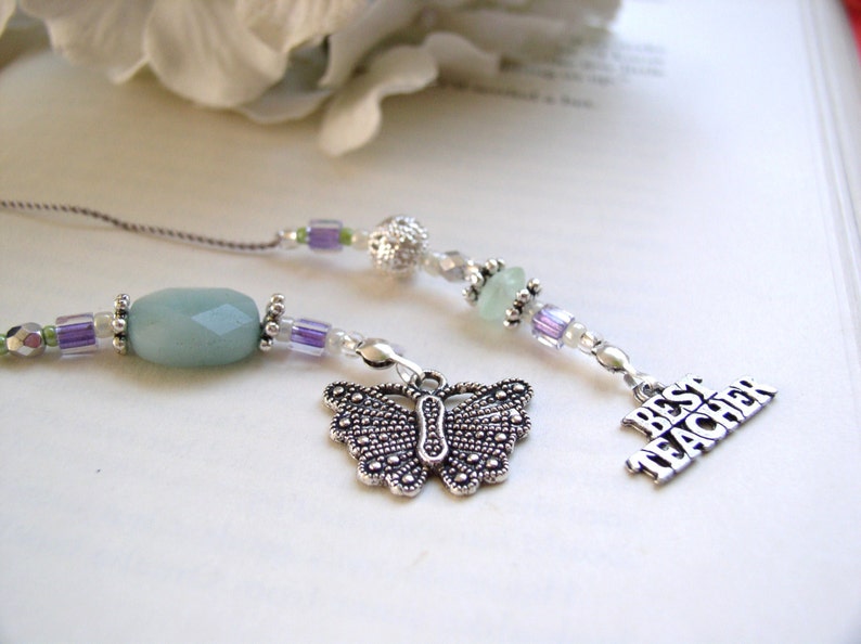 Favorite Teacher Butterfly Bookmark Beaded Book Thong Ice Blue, Purple, and Pale Green Glass with Butterfly and BEST TEACHER silver charms image 1