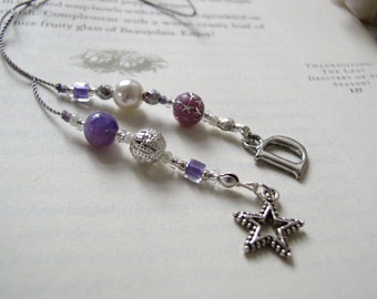 Monogram Initial Beaded Bookmark - Purple Book Thong with Silver and Pearl Accents and Star Charm