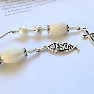 Beaded Bookmark - Religious Jesus and Christian Cross Silver Charms Beaded Book Thong Bible Teacher Gift Glass Pearl and Silver Pure Peace