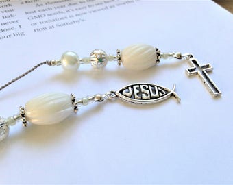 Beaded Bookmark - Religious Jesus and Christian Cross Silver Charms Beaded Book Thong Bible Teacher Gift Glass Pearl and Silver Pure Peace