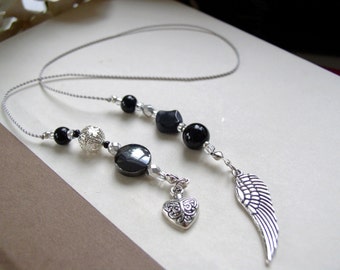 Fallen Angel Bookmark  - Jeweled Beaded Book Thong  in Black and Silver with Angel Wings and Heart Charms