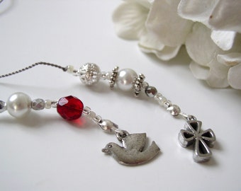 Confirmation Cross and Dove Bookmark - Beaded Book Thong in Ruby Red and Glass Pearl White with Cross and Dove Pewter Charms