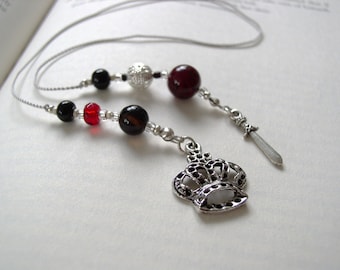 Vampire-Inspired Bookmark  - Jeweled Beaded Book Thong  in Blood Red, Black, and Silver with Crown and Dagger Charms