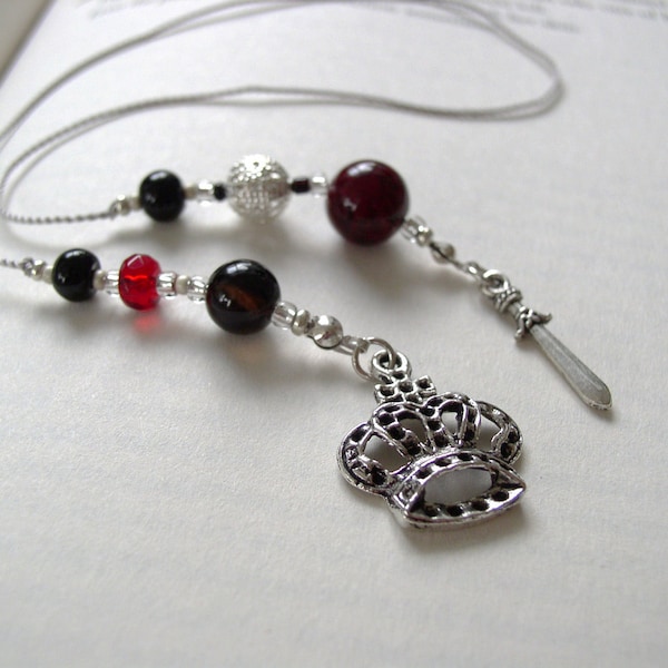 Vampire-Inspired Bookmark  - Jeweled Beaded Book Thong  in Blood Red, Black, and Silver with Crown and Dagger Charms