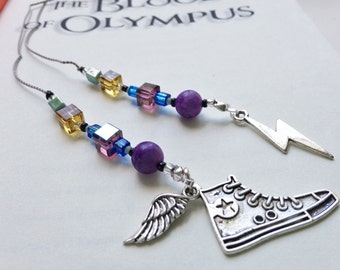 Percy Jackson Bookmark - Heroes of Olympus Converse Sneaker Wing Beaded Book Thong with Lightning Bolt Sneaker and Wings Charms