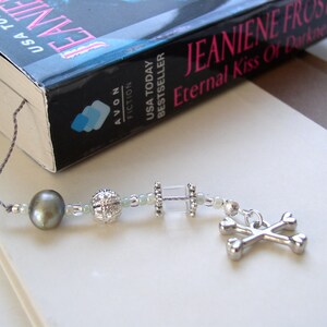 Night Huntress Bookmark Jeweled Beaded Book Thong in Teal Blue Green, Pearl, and Silver with Cat and Crossbones Charms image 2