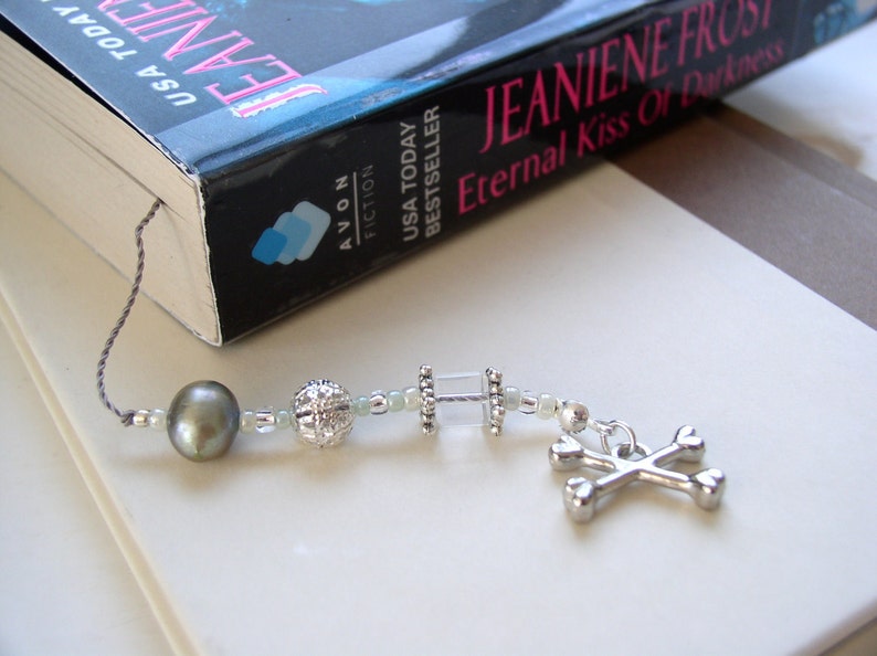 Night Huntress Bookmark Jeweled Beaded Book Thong in Teal Blue Green, Pearl, and Silver with Cat and Crossbones Charms image 2