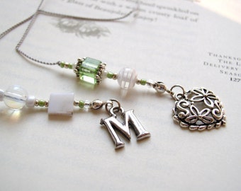 Simple Gift Letter M Initial Beaded Bookmark - Book Thong in Pale Green Glass with Silver and Pearl Accents and Heart Charm a Teacher GIFT