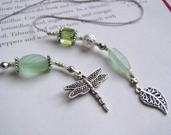 Dainty Dragonfly Boomark in Pale Green Matte Glass - Beaded Book Thong with Silver and Pearl Accents