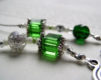 Beaded Bookmark for MAY Birthstone in Emerald Green and Silver - Personalized Book Thong with Your Choice of Charms