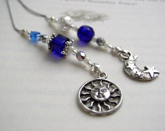 Celestial SUNBURST and Moon Book Thong in Sapphire Blue and Silver - Beaded Bookmark with Pewter Charms