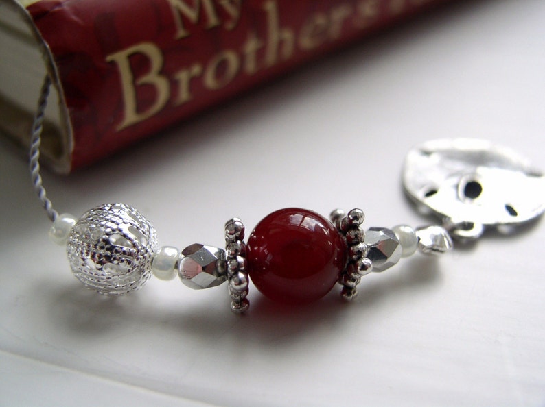 JANUARY Jeweled Beaded Bookmark Silver and Garnet Colored Red Birthstone Book Thong with Personalized Charms image 4