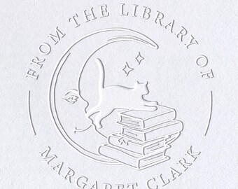 Custom book embosser or book stamp, Personalized whimsical cat lover bookworm gift. Classic from the library of EX Libris embosser stamp.