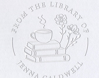 Custom Book Embosser or Book Stamp, Personalized book lover gift from the library of embosser Whimsical floral coffee embosser