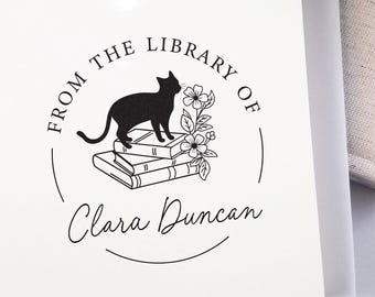 Custom book Stamp, Personalized whimsical cat lover bookworm gift. Classic from the library of EX Libris self inking or wood handle stamp.