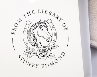 Custom Book Stamp, Self inking or Wood handle stamp - Perfect Gift for Bookworms, Personalized Classic horse ex libris Library Stamp