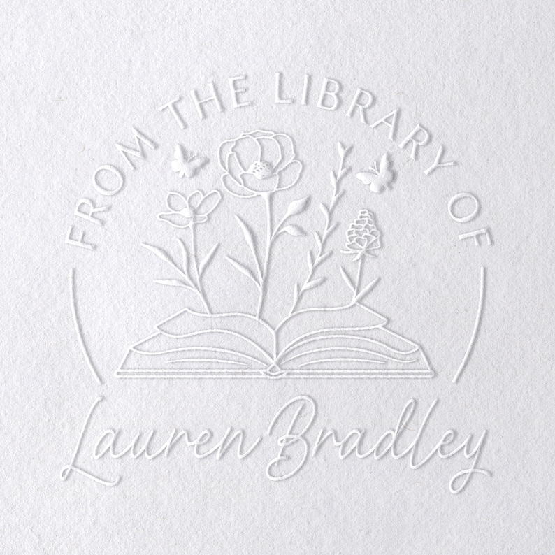 Book Embosser Book Stamp, Personalized Flower Book Stamp, From the Library of, Custom Floral Stamp Embosser, Book Lover Gift, Teacher Gift image 1