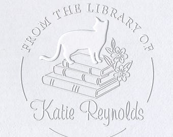 Custom book Embosser or Book Stamp, Personalized whimsical cat lover bookworm gift. Classic from the library of EX Libris embosser stamp.