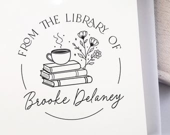 Custom Book Stamp, Self inking or Wood handle stamp - Perfect Gift for her, cozy coffee from the library of Whimsical floral book stamp