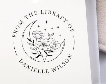 Book Stamp wood handle or self inking. Personalized flower book stamp. Great gift for the book enthusiast to mark books in their library