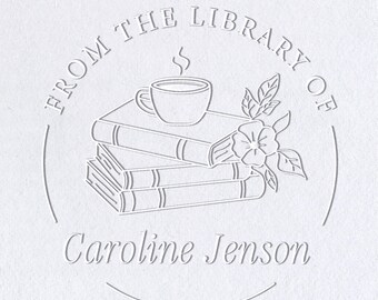 Custom Book Embosser or Book Stamp, Bookworm Gift Idea - Personalized Coffee and Floral Book Embosser for your library. Makes a great gift.