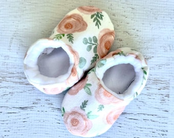Pink Baby Shoes with Roses: Flannel Soft Sole, Grippy Walker Option