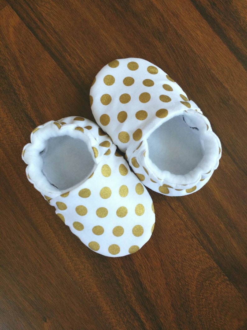 Baby shoes girls, toddler shoes, girls slippers, moccasins, gold polka dot shoes, newborn crib shoes, holiday, baby booties, baby shower image 1