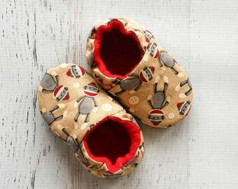 Monkey Baby Shoes: Tan and Red Fleece Lined Shoes with Grippy bottoms