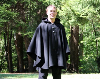 Black Cape - Mens Cape - Wool Cape -  Three Button Cape