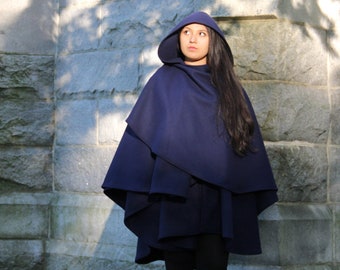 Double Cape - Wool Cape - Blue Cape - Cape With Hood - Hooded Cape