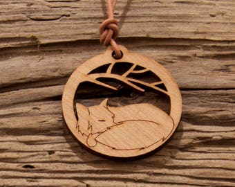 Sleeping Fox Pendant - Sleeping Fox Necklace - Wood Pendant - Wood Necklace