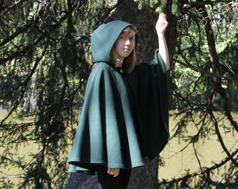 Spruce Green Cape - Wool Cape - Mid-Length Cape - Cape With Hood - Hooded Cape