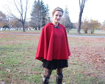 Red Cape - Wool Cape - Mid-Length Cape - Cape With Hood - Hooded Cape