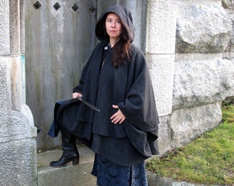 Double Cape - Wool Cape - Charcoal Grey Cape - Cape With Hood - Hooded Cape