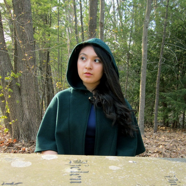 Capelet - Spruce Green Capelet - Wool Capelet  - Hooded Capelet - Capelet with Hood