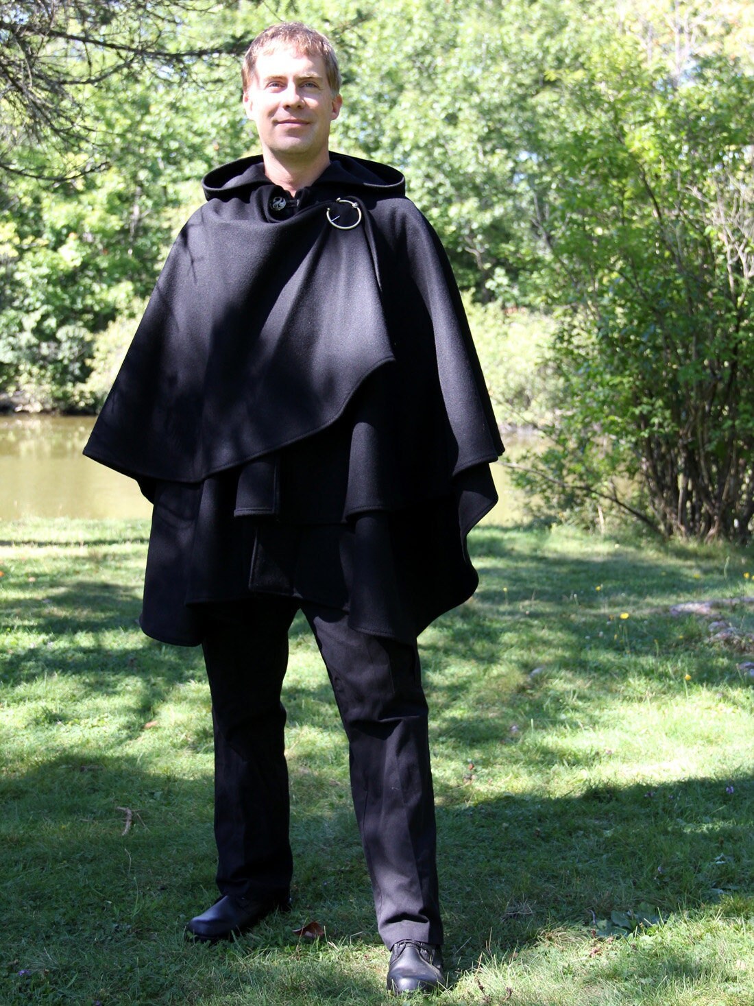 Reversible Double-faced Wool Cape With Hood And Toile Iconographe Pattern  for Man in Black