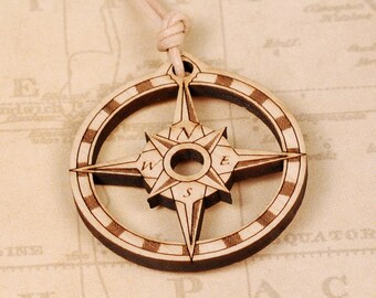 Compass Rose Pendant - Compass Rose Necklace - Compass Pendant - Compass Necklace - Wood Pendant - Wood Necklace