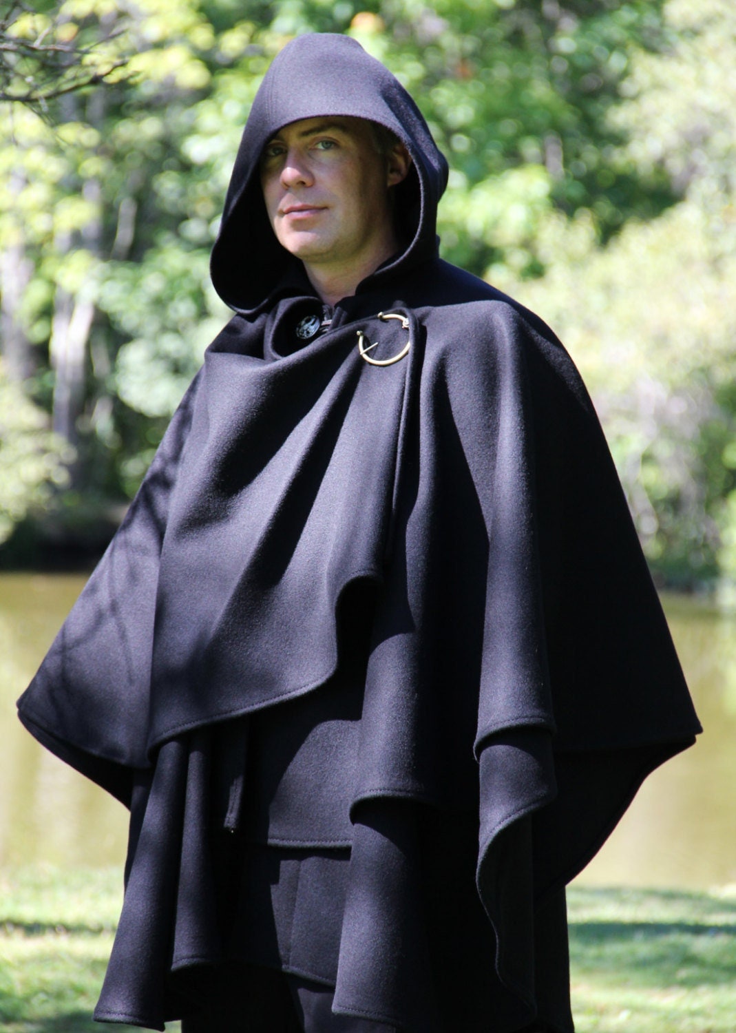 Reversible Double-faced Wool Cape With Hood And Toile Iconographe Pattern  for Man in Black