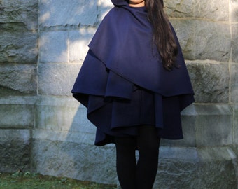 Double Cape - Wool Cape - Blue Cape - Cape With Hood - Hooded Cape