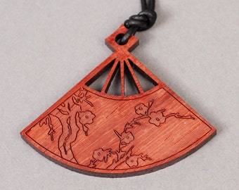 Fan Pendant - Fan Necklace - Asian Pendant - Asian Necklace - Wood Pendant - Wood Necklace