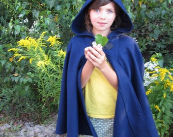 Blue Cape - Wool Cape - Mid-Length Cape - Cape With Hood - Hooded Cape