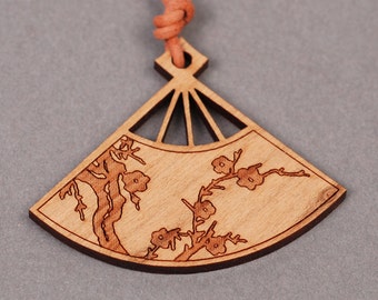 Fan Pendant - Fan Necklace - Asian Pendant - Asian Necklace - Wood Pendant - Wood Necklace