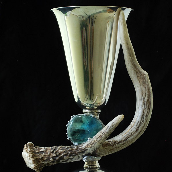 Ceremonial Silver plated with Flourite for Wiccan Ceremonial Alter Ritual Tool Goblet Deer antler Horn goblet