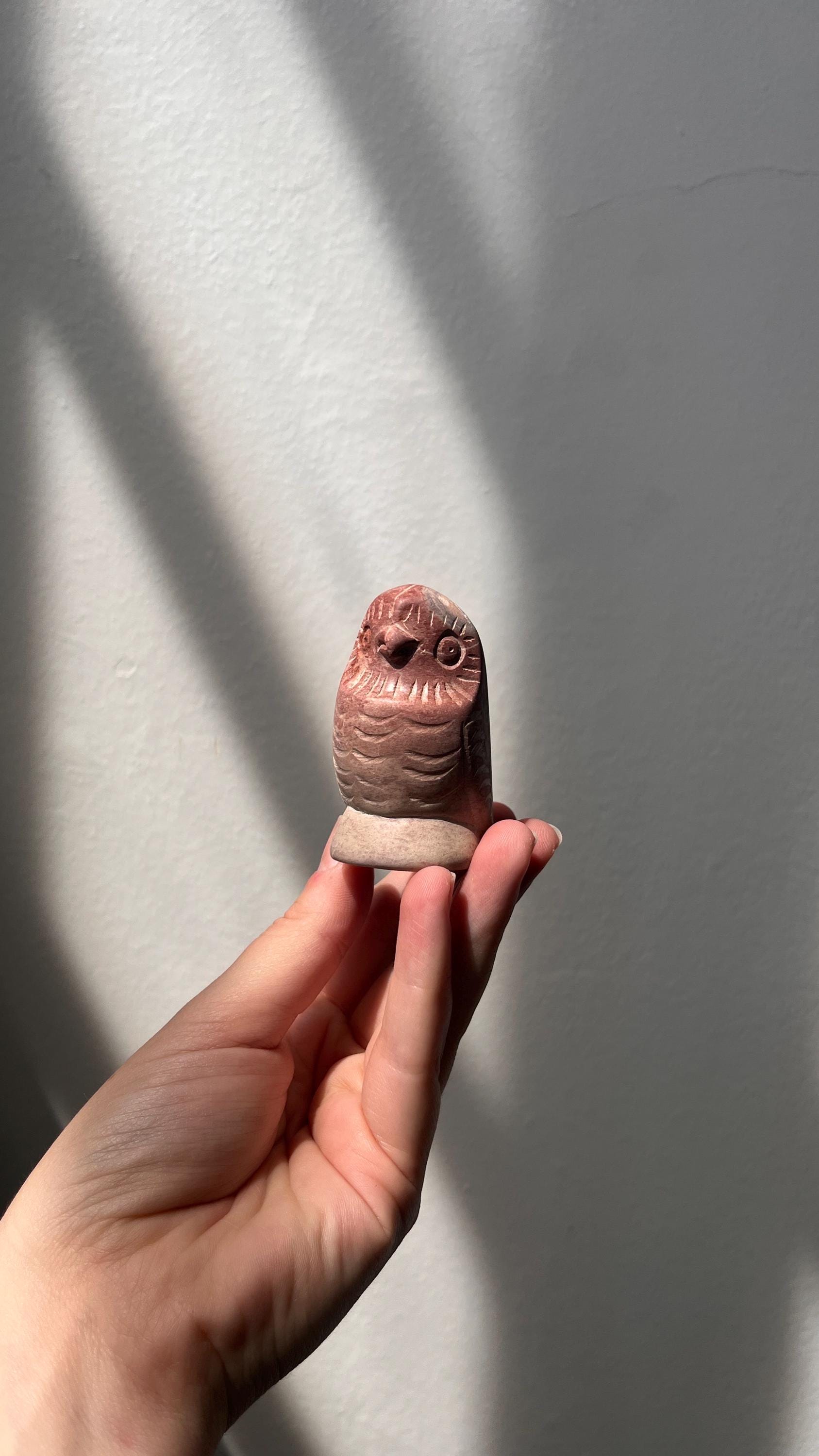 Vintage Carved Stone Owl Figurine - Folk Art Owl Sculpture - Natural Stone Decor - Woodland Animal A